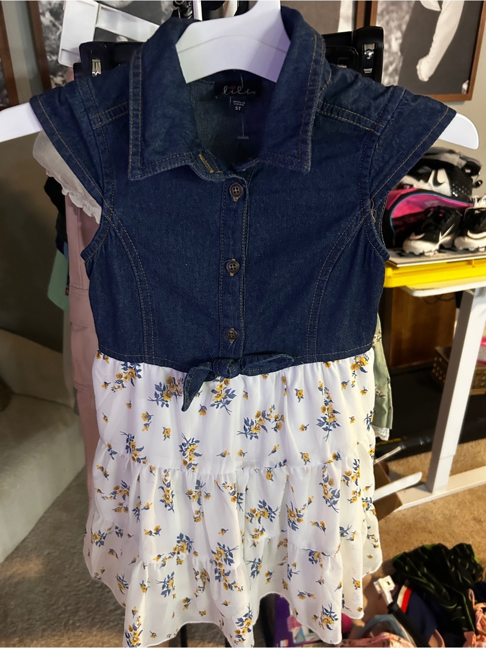 lilt Navy Denim Top with White Floral Skirt Girls' Dress 5T